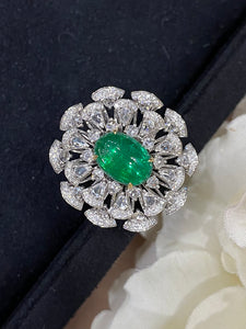 LUOWEND 18K White and Yellow Gold Real Natural Emerald Gemstone Ring for Women