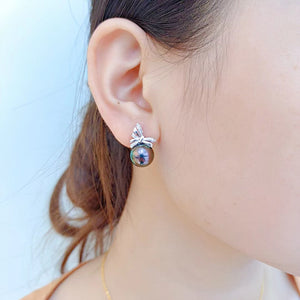 LUOWEND 18K White Gold Real Natural Tahiti Black Pearl Earrings for Women