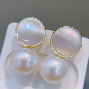 LUOWEND 18K Yellow Gold Real Natural Freshwater Pearl Earrings for Women