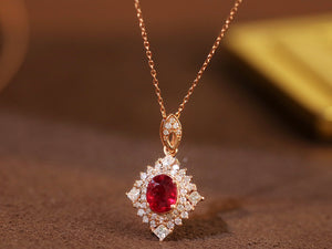 LUOWEND 18K Rose Gold Real Natural Ruby and Diamond Gemstone Necklace for Women