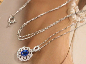 LUOWEND 18K White Gold Real Natural Sapphire and Diamond Gemstone Necklace for Women