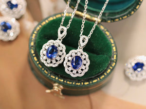LUOWEND 18K White Gold Real Natural Sapphire and Diamond Gemstone Necklace for Women