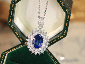 LUOWEND 18K White Gold Real Natural Sapphire and Diamond Gemstone Necklace for Women