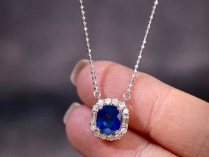 LUOWEND 18K White Gold Real Natural Sapphire and Diamond Gemstone Necklace for Women