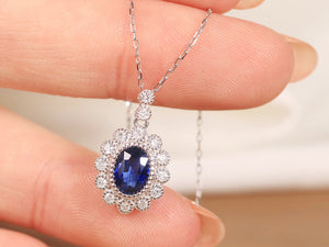 LUOWEND 18K White Gold Real Natural Sapphire and Diamond Gemstone Necklace for Women