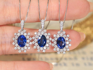 LUOWEND 18K White Gold Real Natural Sapphire and Diamond Gemstone Necklace for Women