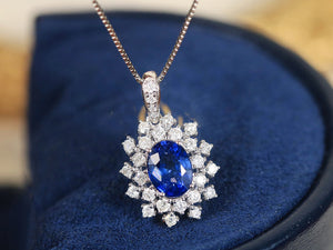 LUOWEND 18K White Gold Real Natural Sapphire and Diamond Gemstone Necklace for Women