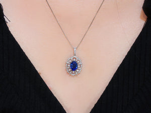 LUOWEND 18K White Gold Real Natural Sapphire and Diamond Gemstone Necklace for Women