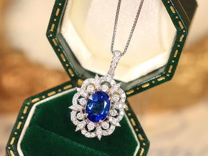 LUOWEND 18K White Gold Real Natural Sapphire and Diamond Gemstone Necklace for Women