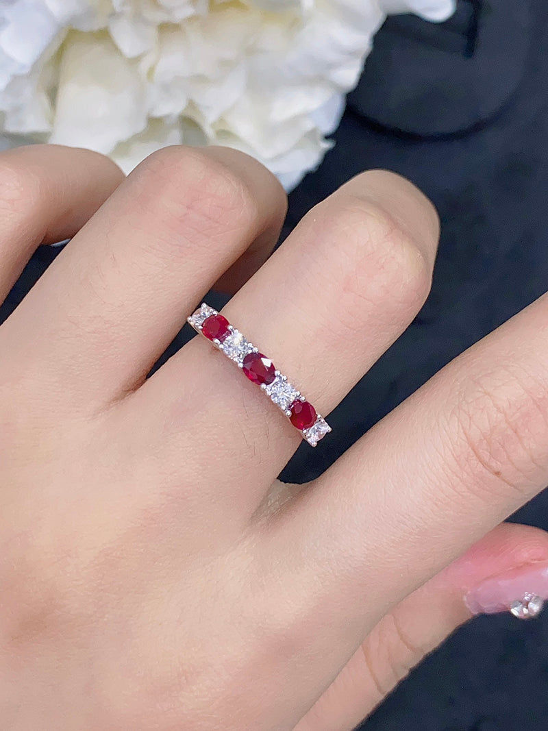 LUOWEND 18K White Gold Real Natural Ruby and Diamond Gemstone Ring for Women