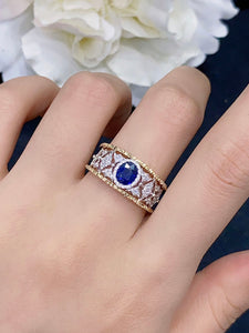 LUOWEND 18K White and Yellow Gold Real Natural Sapphire Gemstone Ring for Women