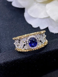 LUOWEND 18K White and Yellow Gold Real Natural Sapphire Gemstone Ring for Women