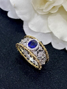 LUOWEND 18K White and Yellow Gold Real Natural Sapphire Gemstone Ring for Women