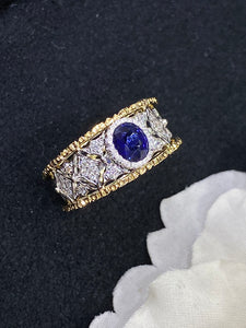 LUOWEND 18K White and Yellow Gold Real Natural Sapphire Gemstone Ring for Women