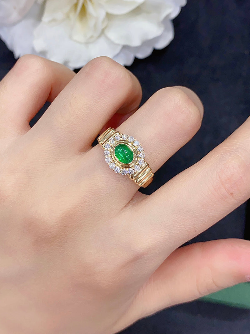 LUOWEND 18K Yellow Gold Real Natural Emerald Ring for Women