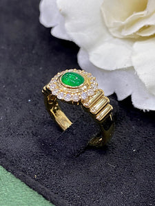 LUOWEND 18K Yellow Gold Real Natural Emerald Ring for Women