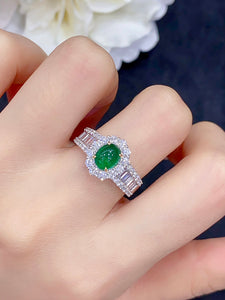 LUOWEND 18K White Gold Real Natural Emerald and Diamond Gemstone Ring for Women