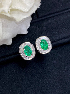 LUOWEND 18K White Gold Real Natural Emerald Gemstone Earrings for Women