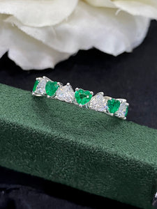 LUOWEND 18K White Gold Real Natural Emerald and Diamond Gemstone Ring for Women