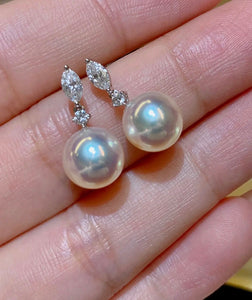 LUOWEND 18K White Gold Real Natural Diamond and Seawater Pearl Earrings for Women