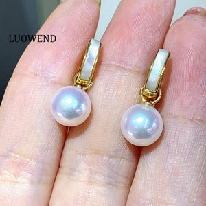 LUOWEND 18K Yellow Gold Real Natural Akoya Pearl Earrings for Women