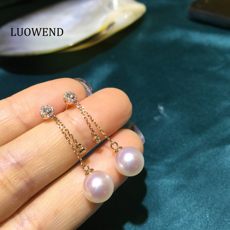 LUOWEND 18K Yellow Gold Real Natural Akoya Pearl Earrings for Women