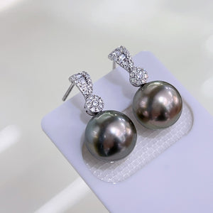 LUOWEND 18K White Gold Real Natural Diamond and Tahiti Black Pearl Earrings for Women