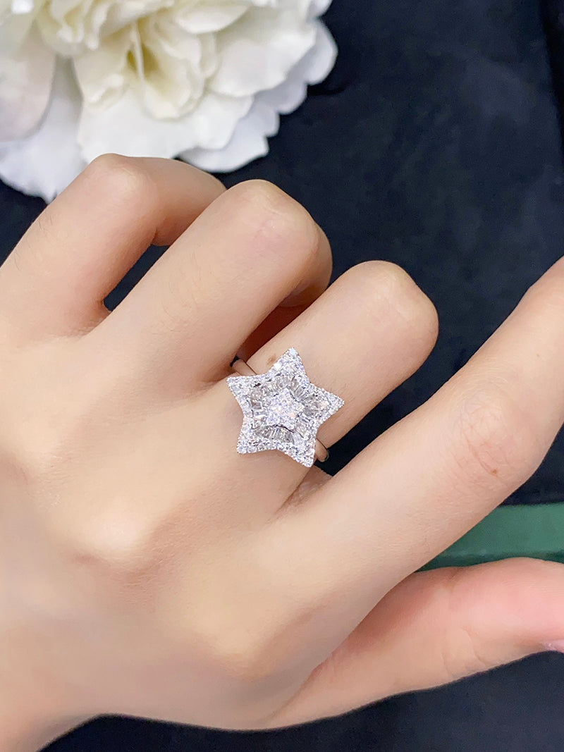 LUOWEND 18K White Gold Real Natural Diamond Ring for Women