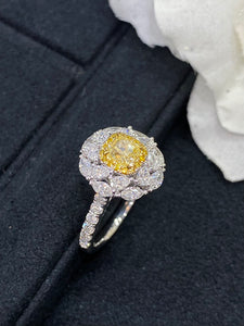 LUOWEND 18K White and Yellow Gold Real Natural Yellow Diamond Ring for Women
