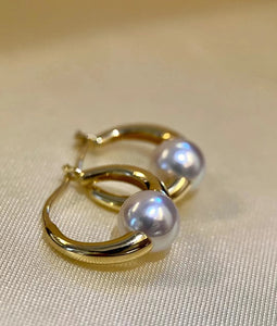 LUOWEND 18K Yellow Gold Real Natural Akoya Pearl Earrings for Women