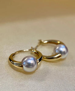 LUOWEND 18K Yellow Gold Real Natural Akoya Pearl Earrings for Women