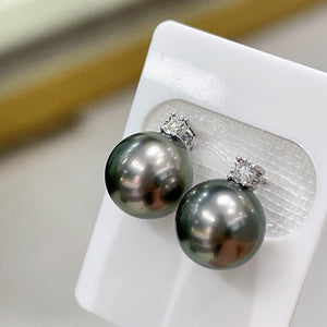 LUOWEND 18K White Gold Real Natural Tahiti Black Pearl Earrings for Women
