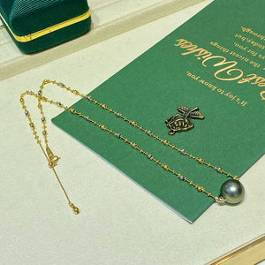LUOWEND 18K Gold Natural Tahiti Pearl Necklace for Women