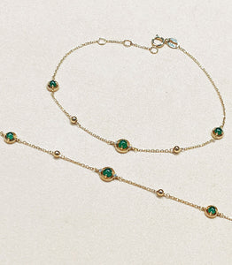 LUOWEND 18K Yellow Gold Real Natural Jadeite and Diamond Bracelet and Anklet Chain for Women