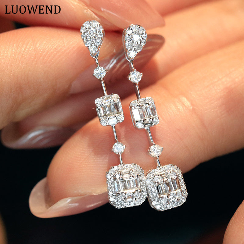 LUOWEND 18K White Gold Real Natural Diamond Drop Earrings for Women