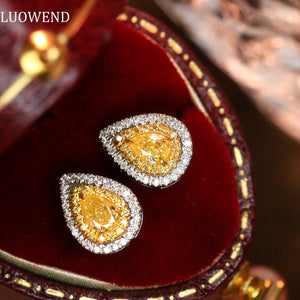 LUOWEND 18K White Gold Real Natural Yellow Diamond Stud Earrings for Women