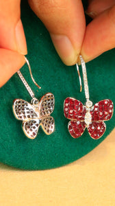 LUOWEND 18K White Gold Real Natural Diamond and Ruby Earrings for Women