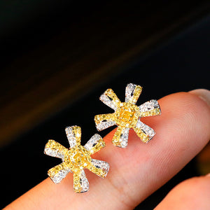 LUOWEND 18K White and Yellow Gold Real Natural Yellow Diamond Stud Earrings for Women