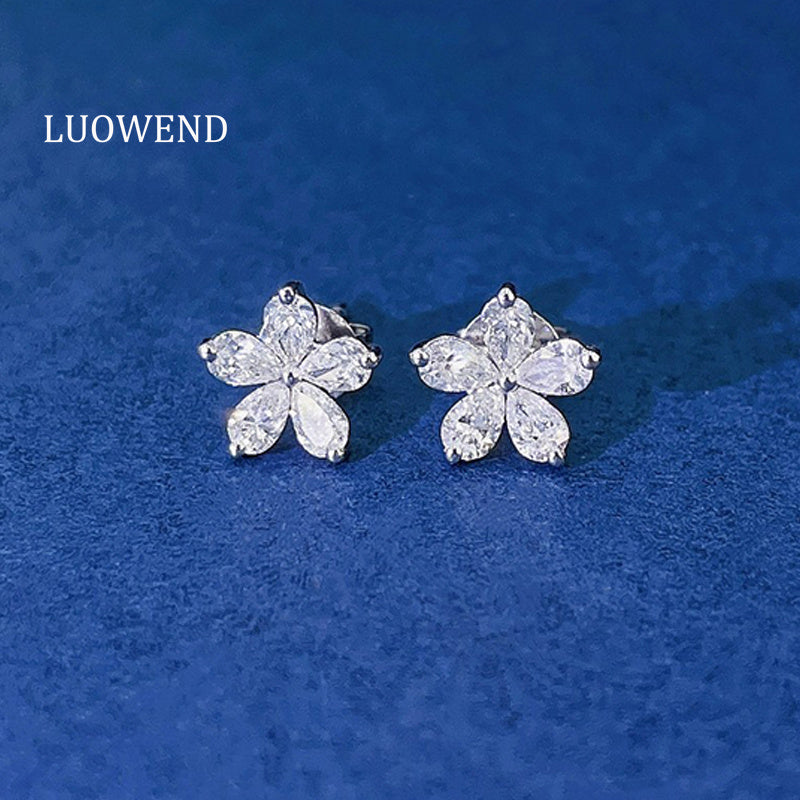 LUOWEND 18K White Gold Real Natural Diamond Stud Earrings for Women