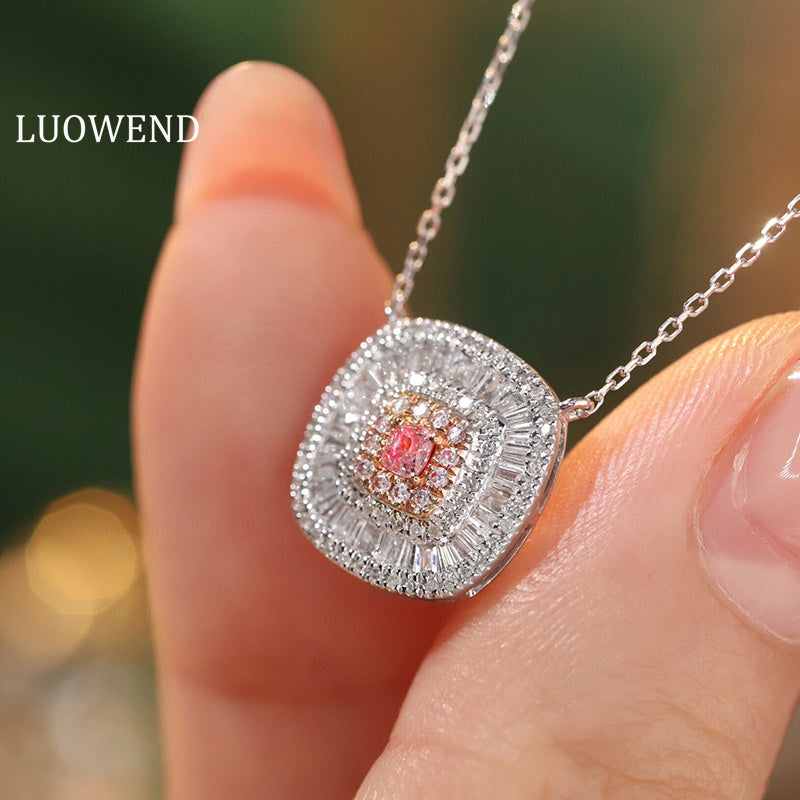 LUOWEND 18K White Gold Real Natural Pink Diamond Pendant Necklace for Women