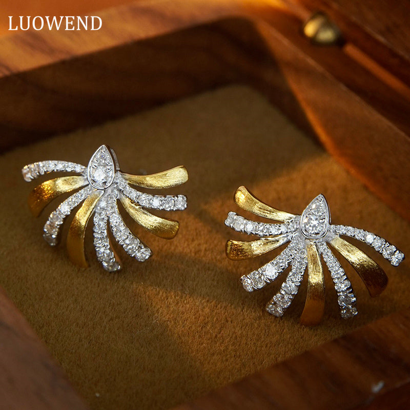 LUOWEND 18K White and Yellow Gold Real Natural Diamond Stud Earrings for Women