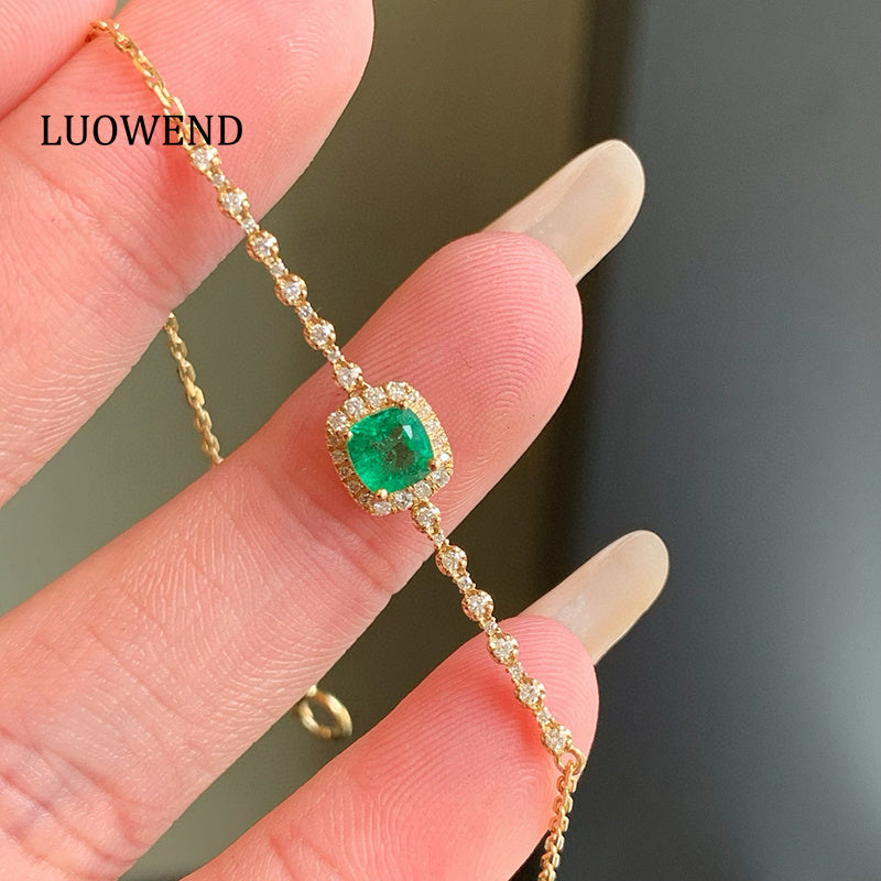 LUOWEND 18K Yellow Gold Natural Emerald Bracelet for Women