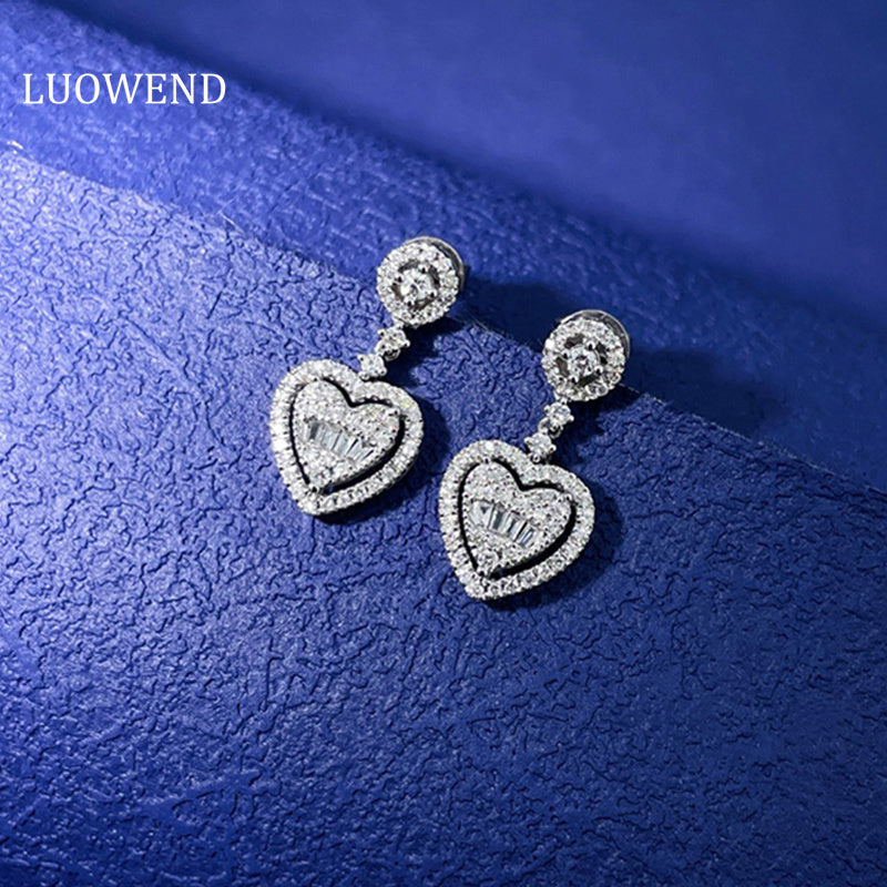 LUOWEND 18K White Gold Real Natural Diamond Drop Earrings for Women