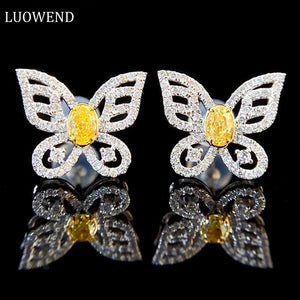 LUOWEND 18K White Gold Real Natural Yellow Diamond Stud Earrings for Women