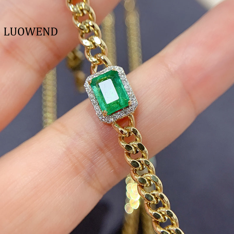 LUOWEND 18K Yellow Gold Real Natural Emerald Bracelet for Women