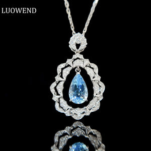 LUOWEND 18K White Gold Real Natural Aquamarine and Diamond Gemstone Necklace for Women