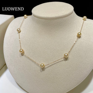 LUOWEND 18K Yellow Gold Real Natural Blue Baroque Seawater Pearl Necklace for Women