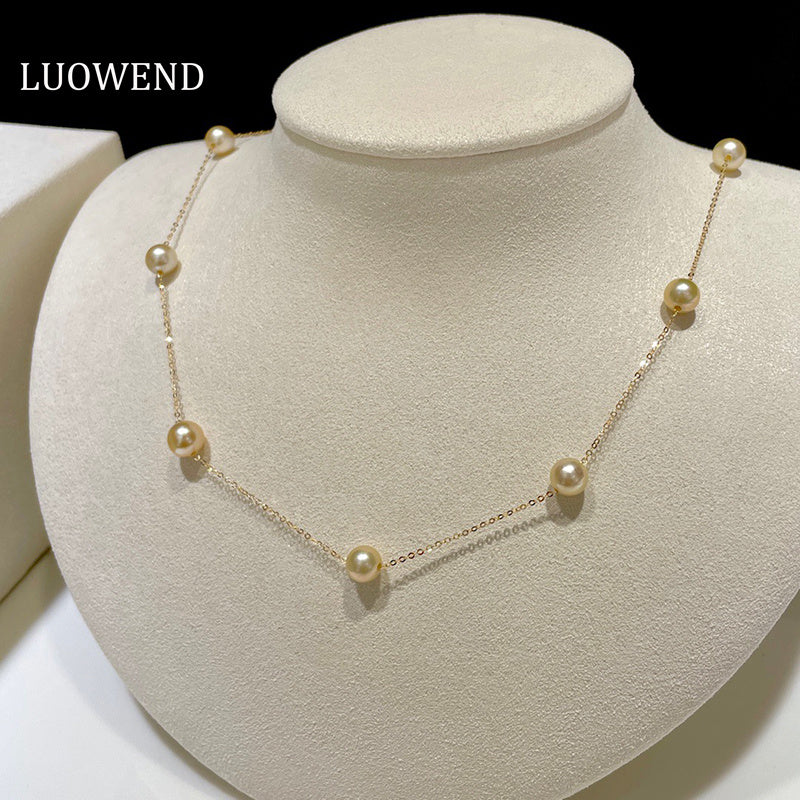LUOWEND 18K Yellow Gold Real Natural Blue Baroque Seawater Pearl Necklace for Women