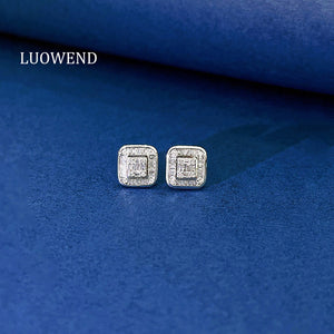 LUOWEND 18K White Gold Real Natural Diamond Stud Earrings for Women