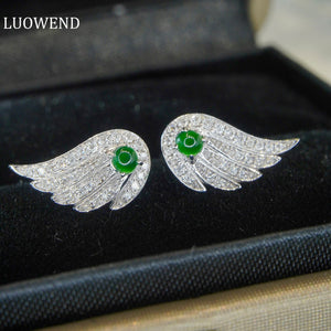 LUOWEND 18K White Gold Real Natural Jadeite and Diamond Stud Earrings for Women